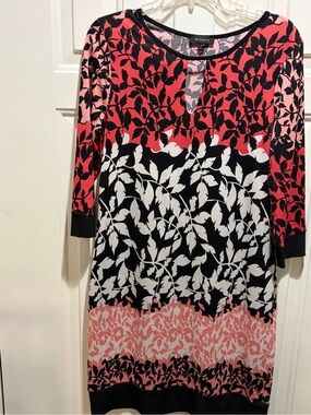 Aa Studio Coral, Pink & Black Leaf-Print Long Sleeve Sheath Dress
